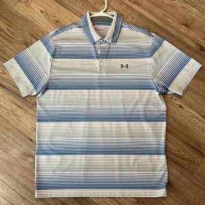Men’s golf polo. Grey, blue, white stripes- size large.